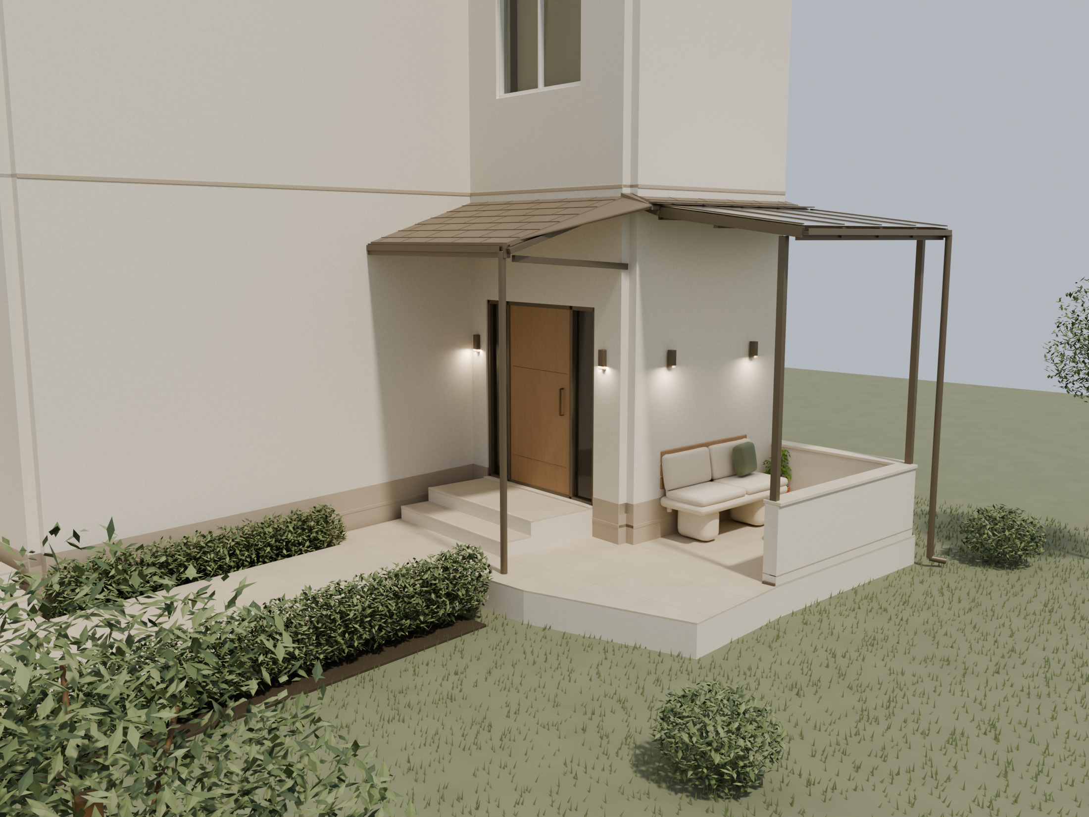 Cream entrance and attached veranda with a low parapet and translucent roof