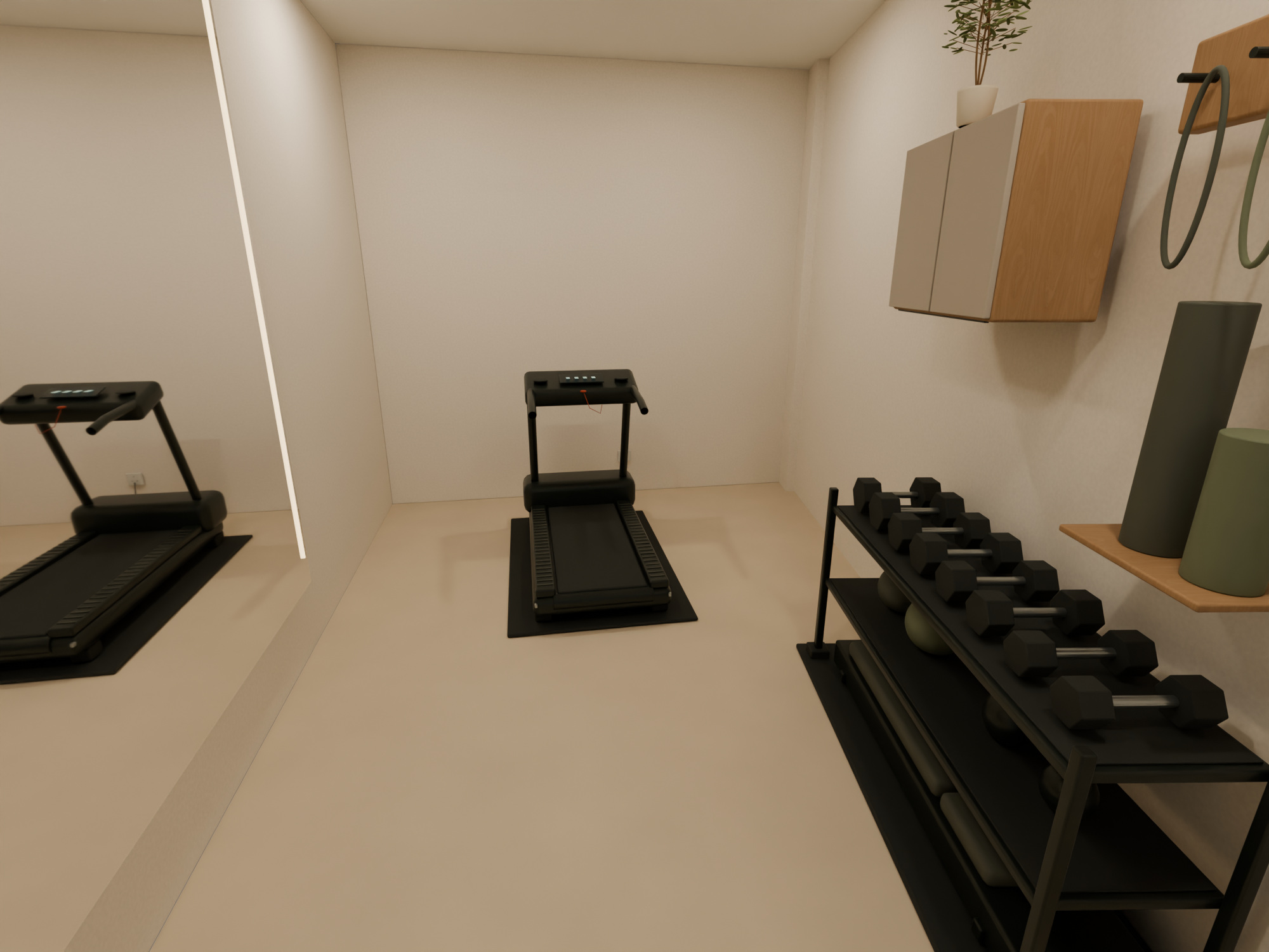 Warm neutral gym with wall mirror, white ceiling fan, exercise mat, bench and compact weights