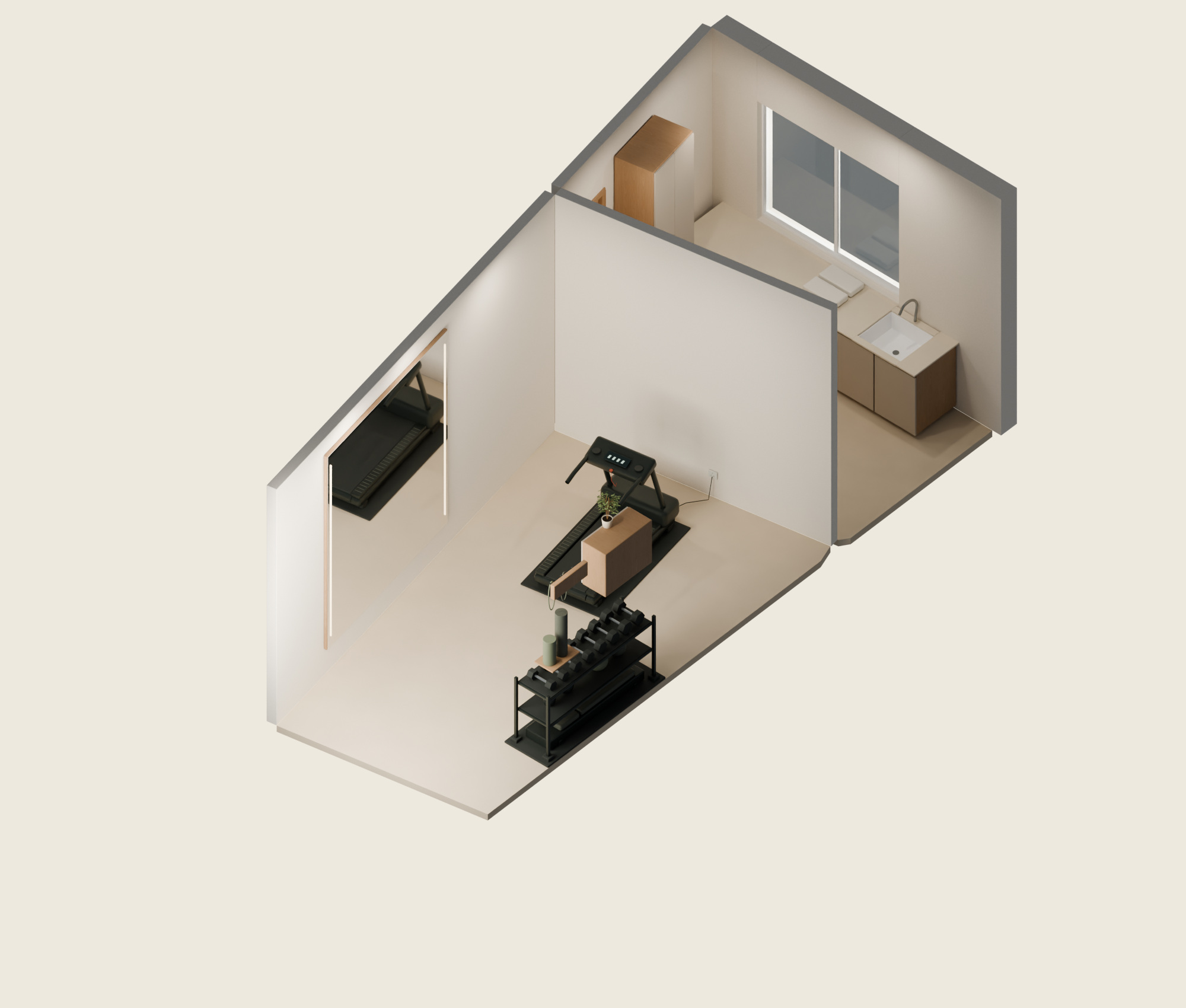 Gym & laundry connected 3D overview