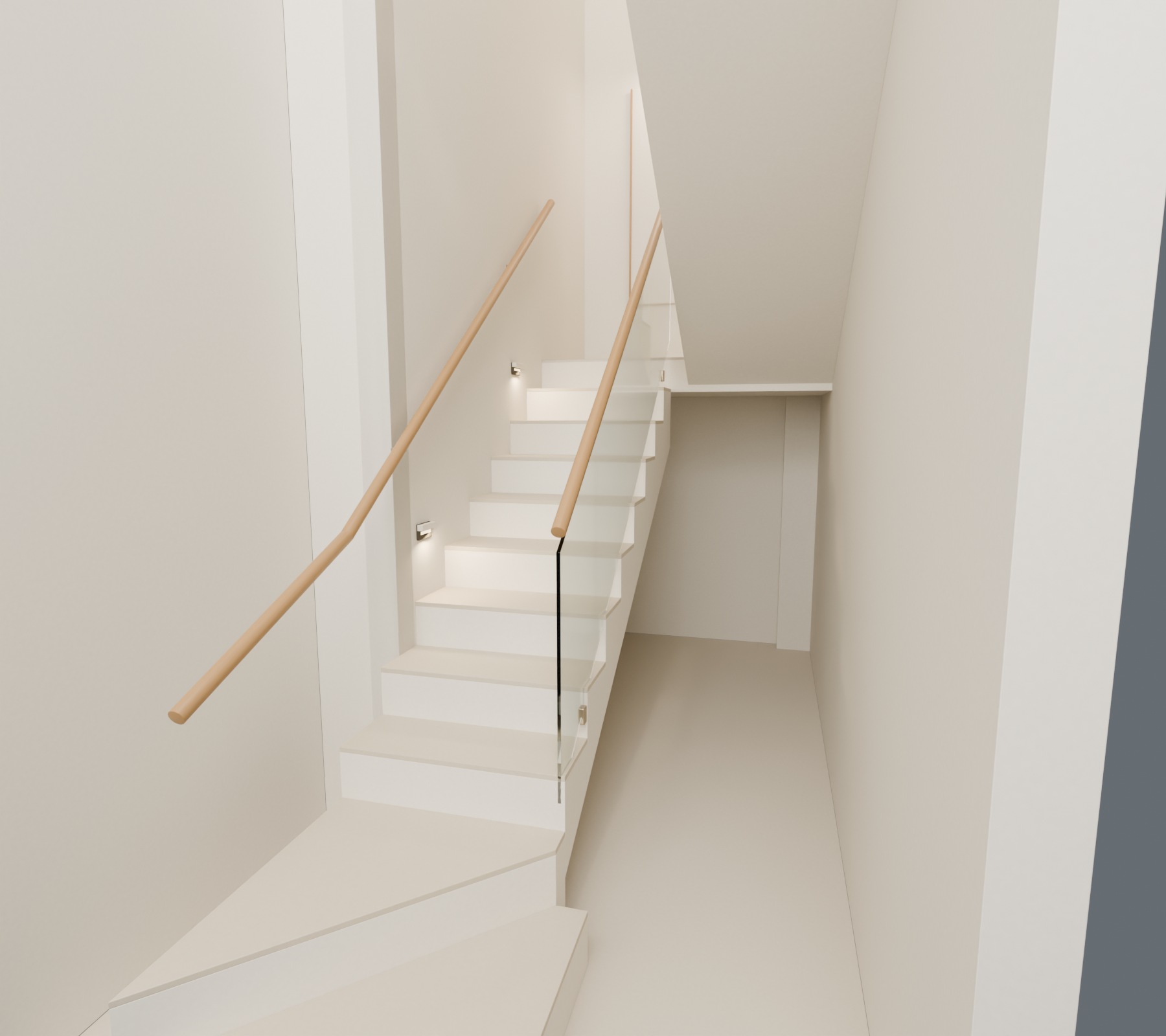 Warm ivory stairwell with pale stone treads, clear glass guards and oak handrails