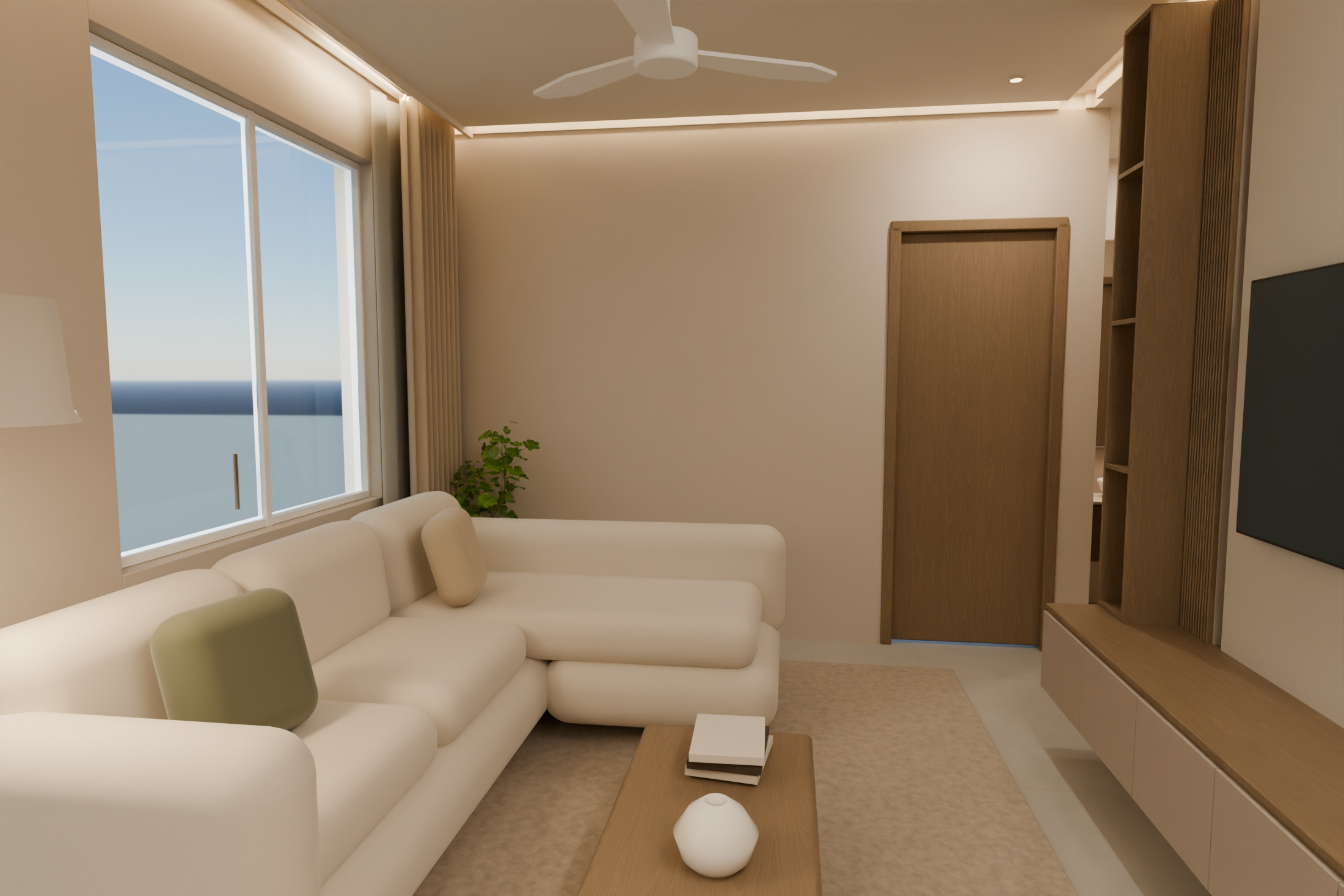 Warm cream living room with rounded seating, taupe TV panelling and concealed ceiling coves