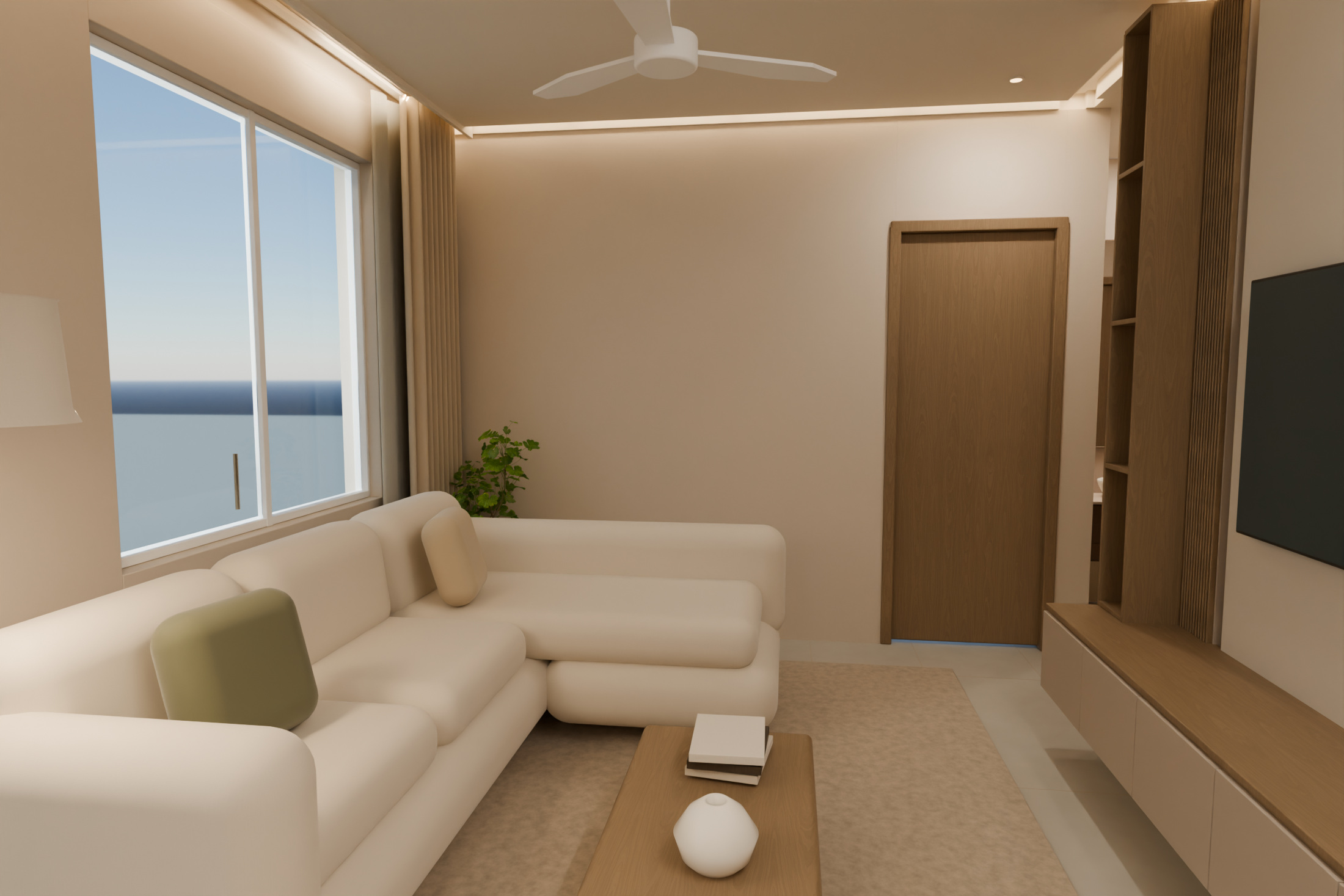 Warm cream living room with rounded seating, taupe TV panelling and concealed ceiling coves