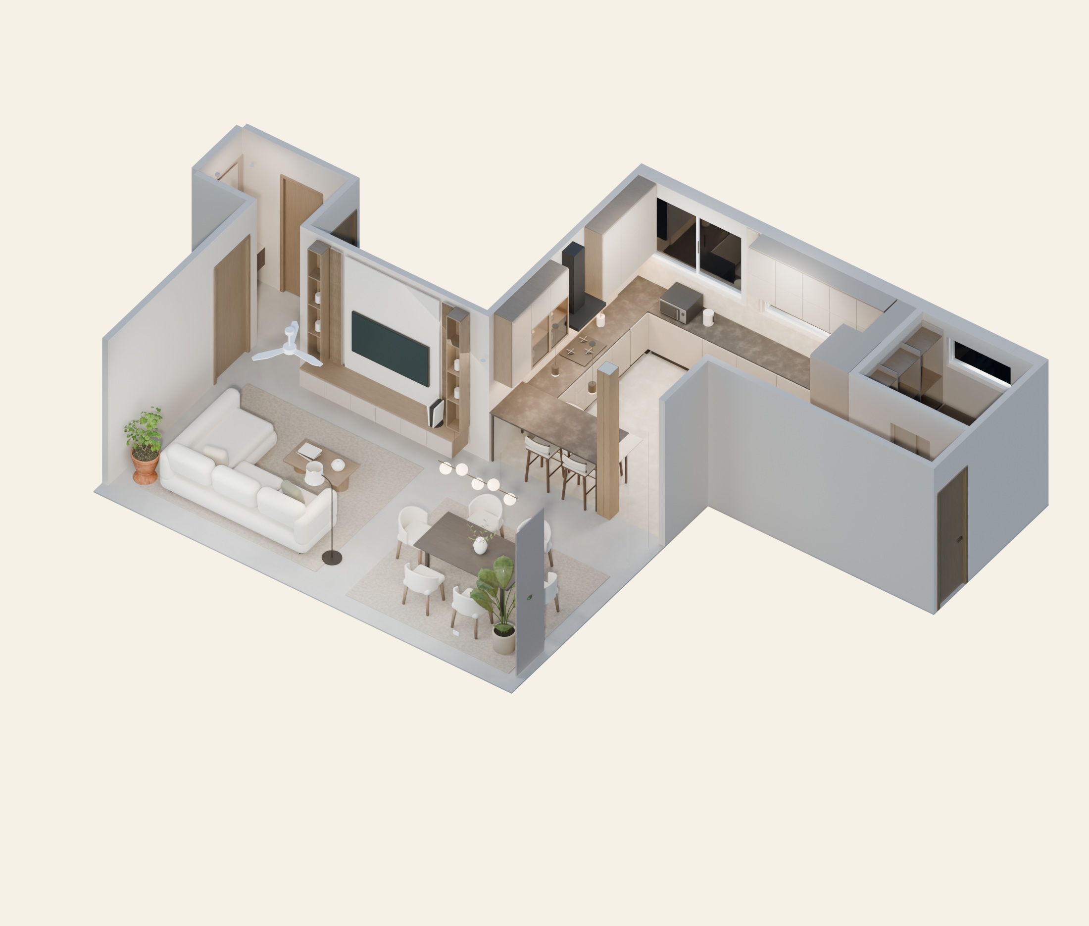 Living, kitchen & store connected 3D overview