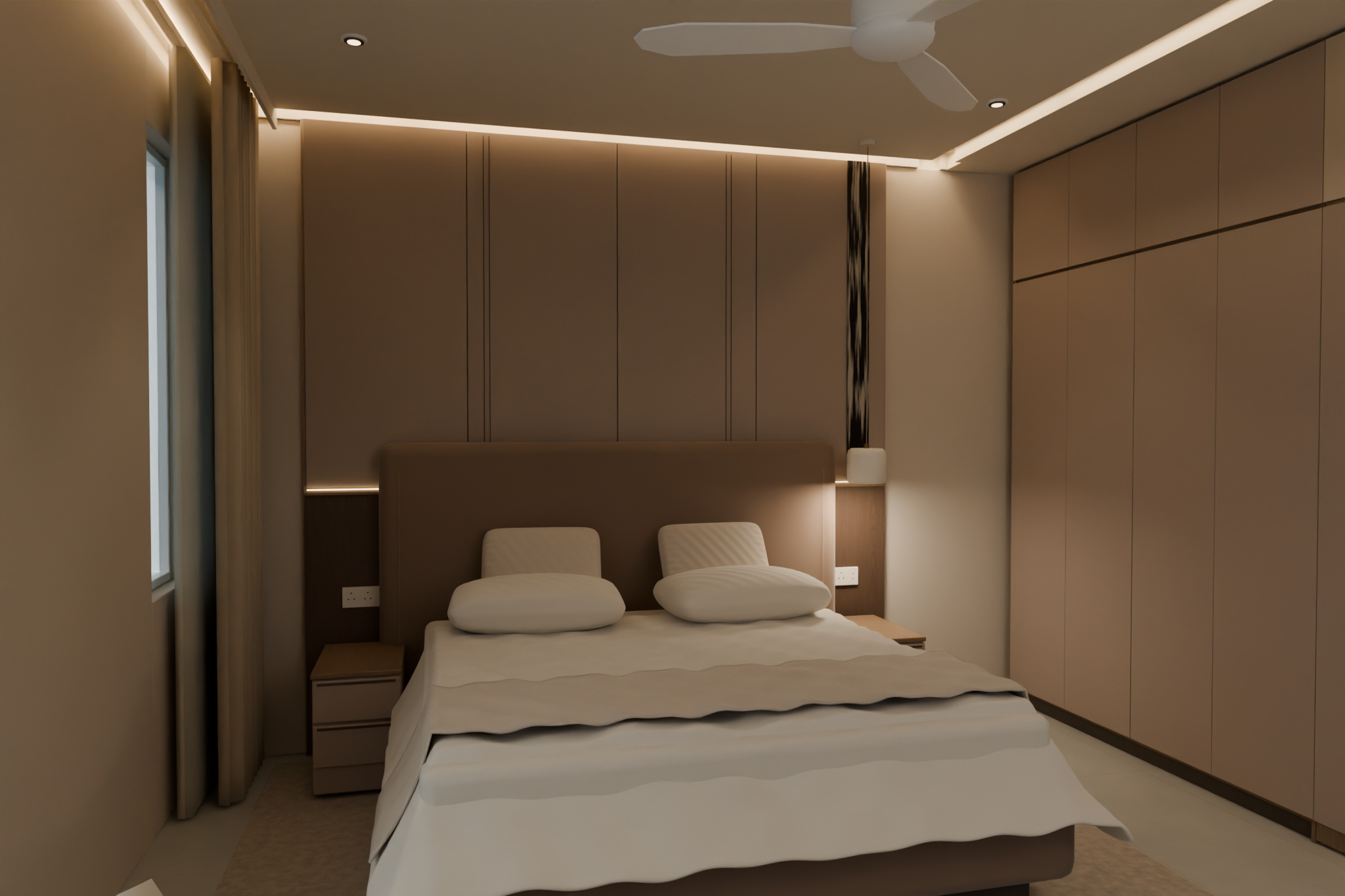 Warm taupe master bedroom with cocoa upholstery, white fan and one glass cupboard door