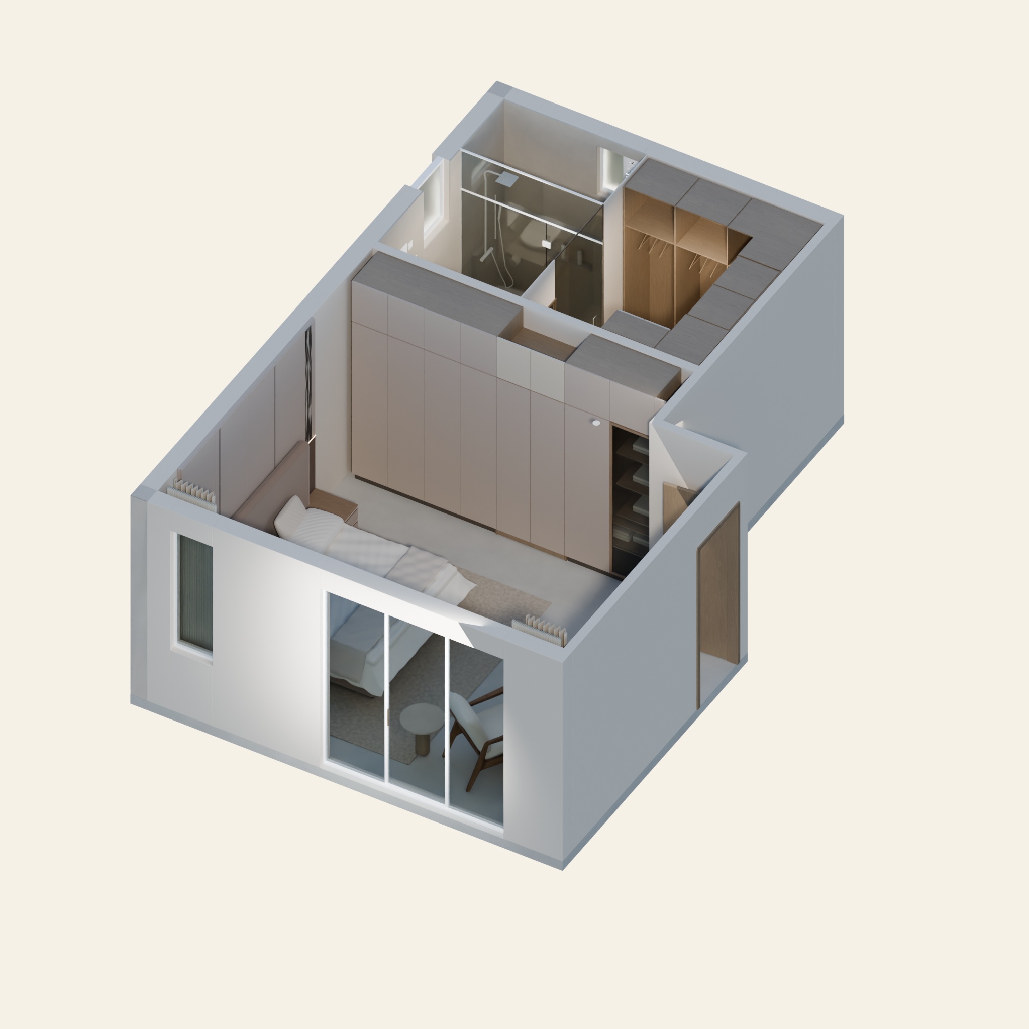 Complete suite cutaway. The rear washroom and closet connect to the master bedroom.