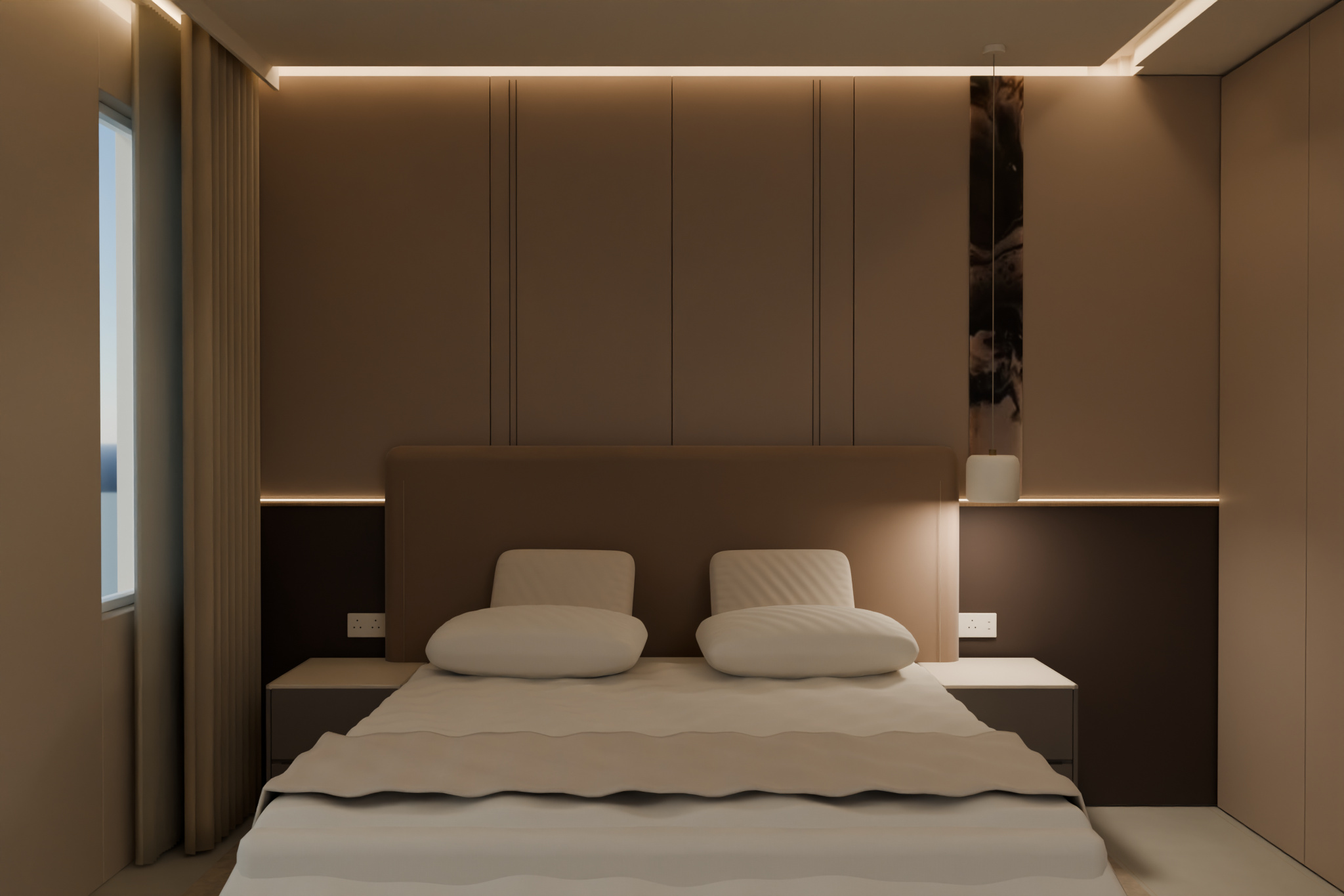 Full-wall reference bed panel with matching two-drawer bedside units.