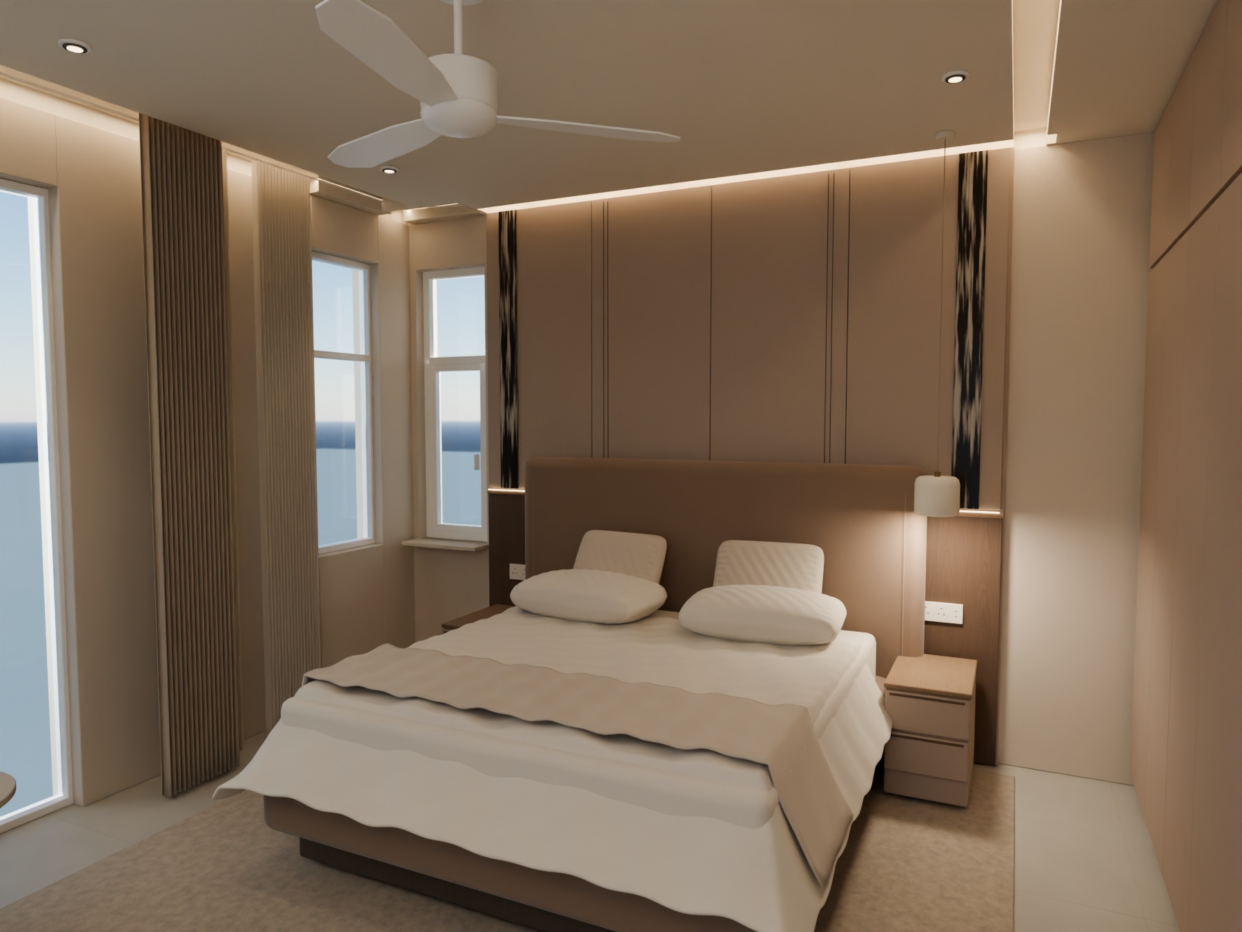 Symmetrical original taupe panels and paired stone details centred on the bed, beside matching narrow corner windows