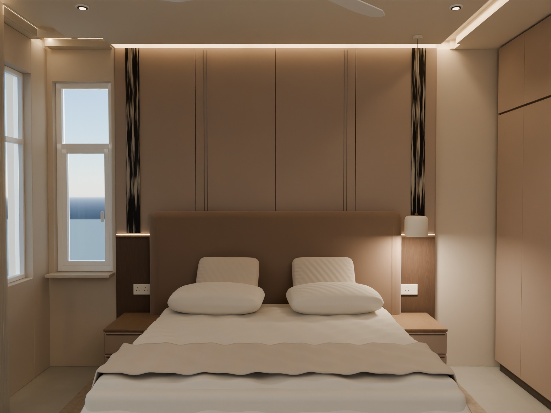 Straight-on view demonstrating the symmetrical panel design centred on the bed, with four equal upper panels and matching narrow stone inserts.