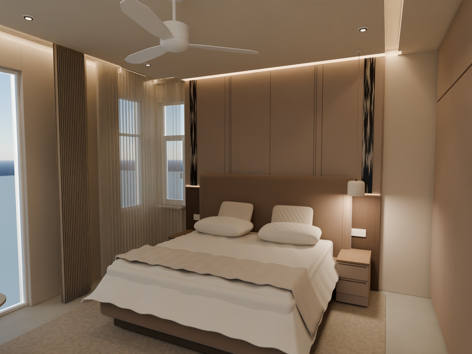 Light cream sheers drawn continuously around the two corner windows beside the bed panel.