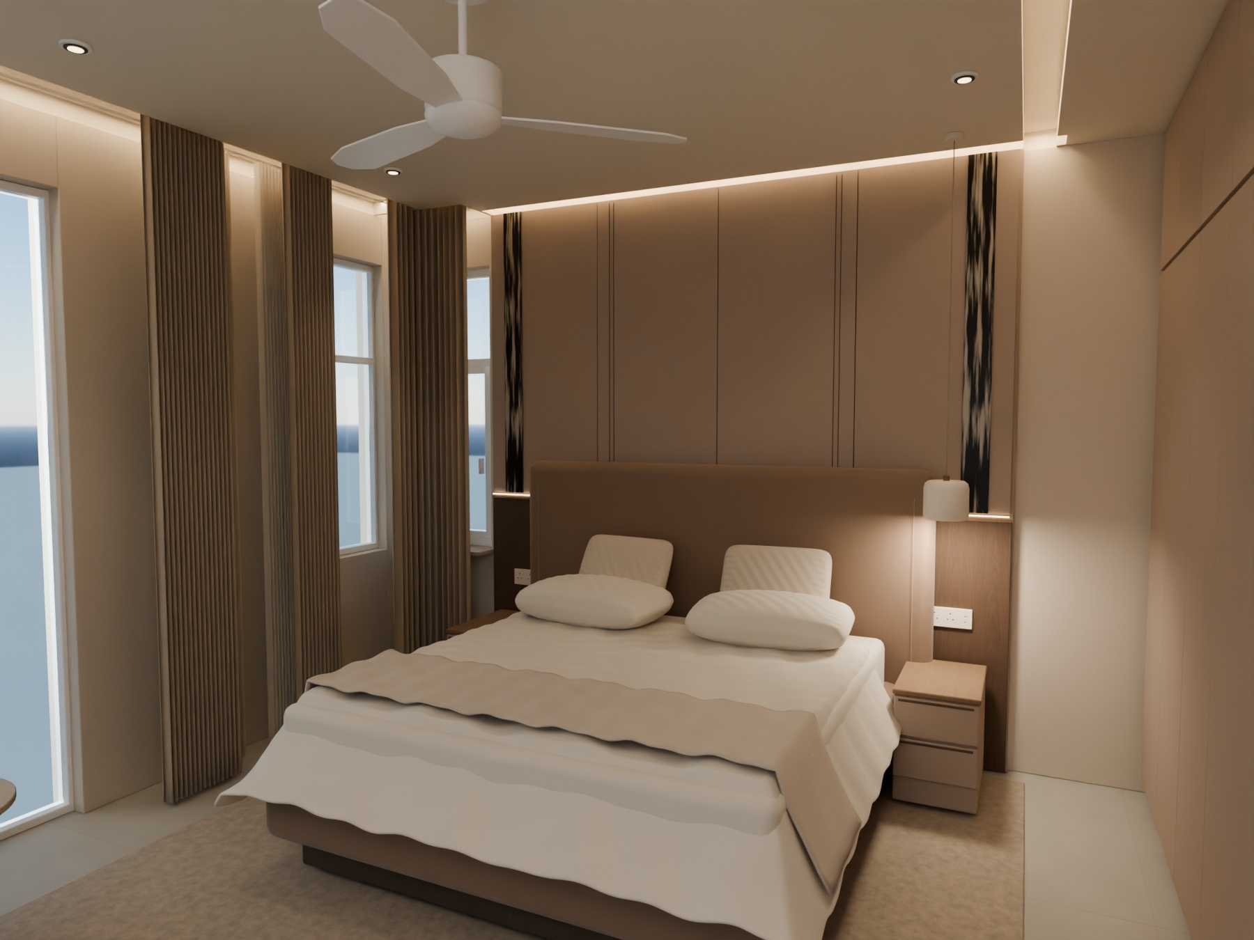 Symmetrical taupe bed-wall panels and double-layer L-shaped curtains, with blackout fabric partly drawn.