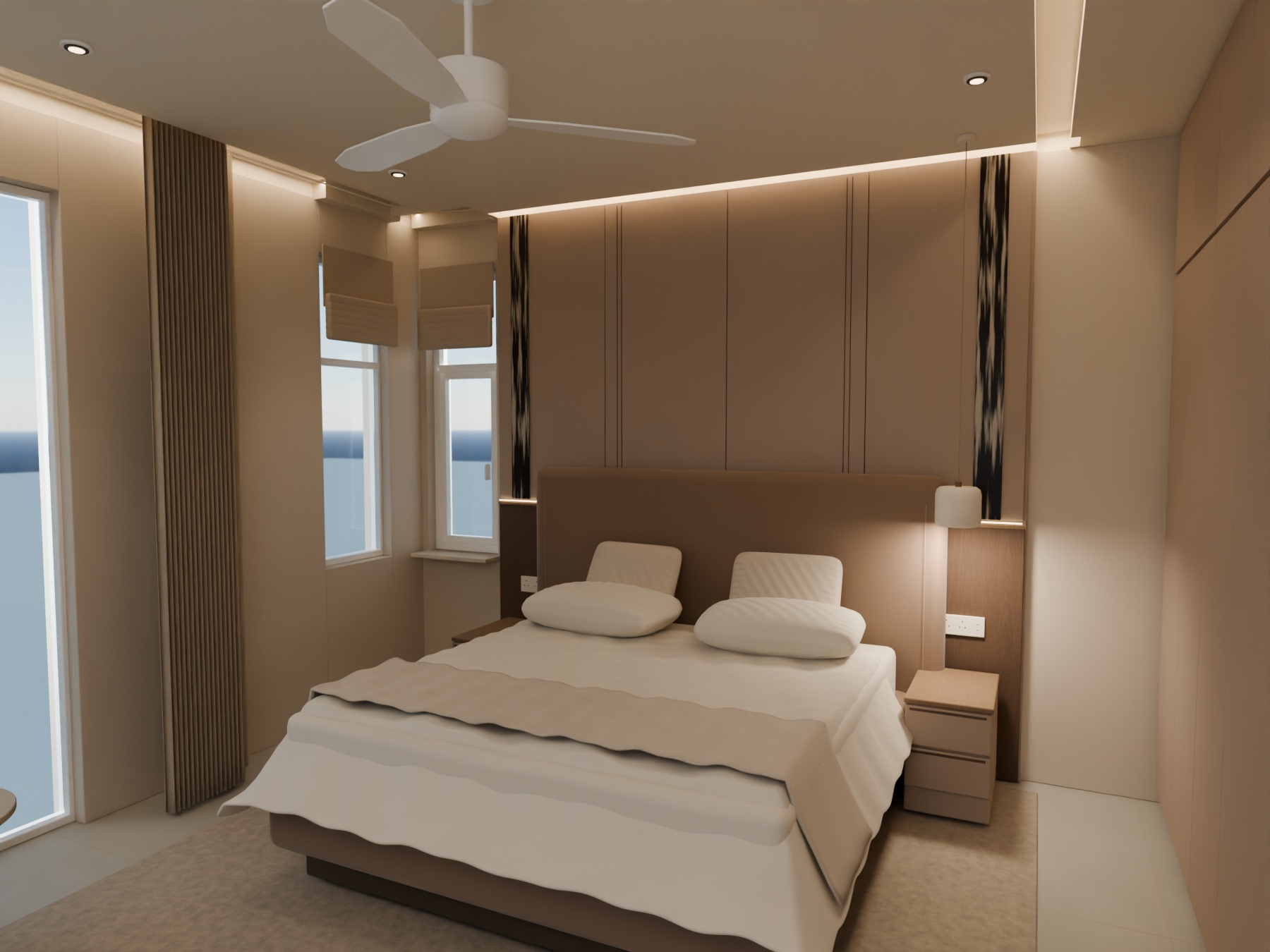 Master bedroom with tailored oatmeal Roman blinds on both corner windows and the same symmetrical original taupe-and-timber bed wall.