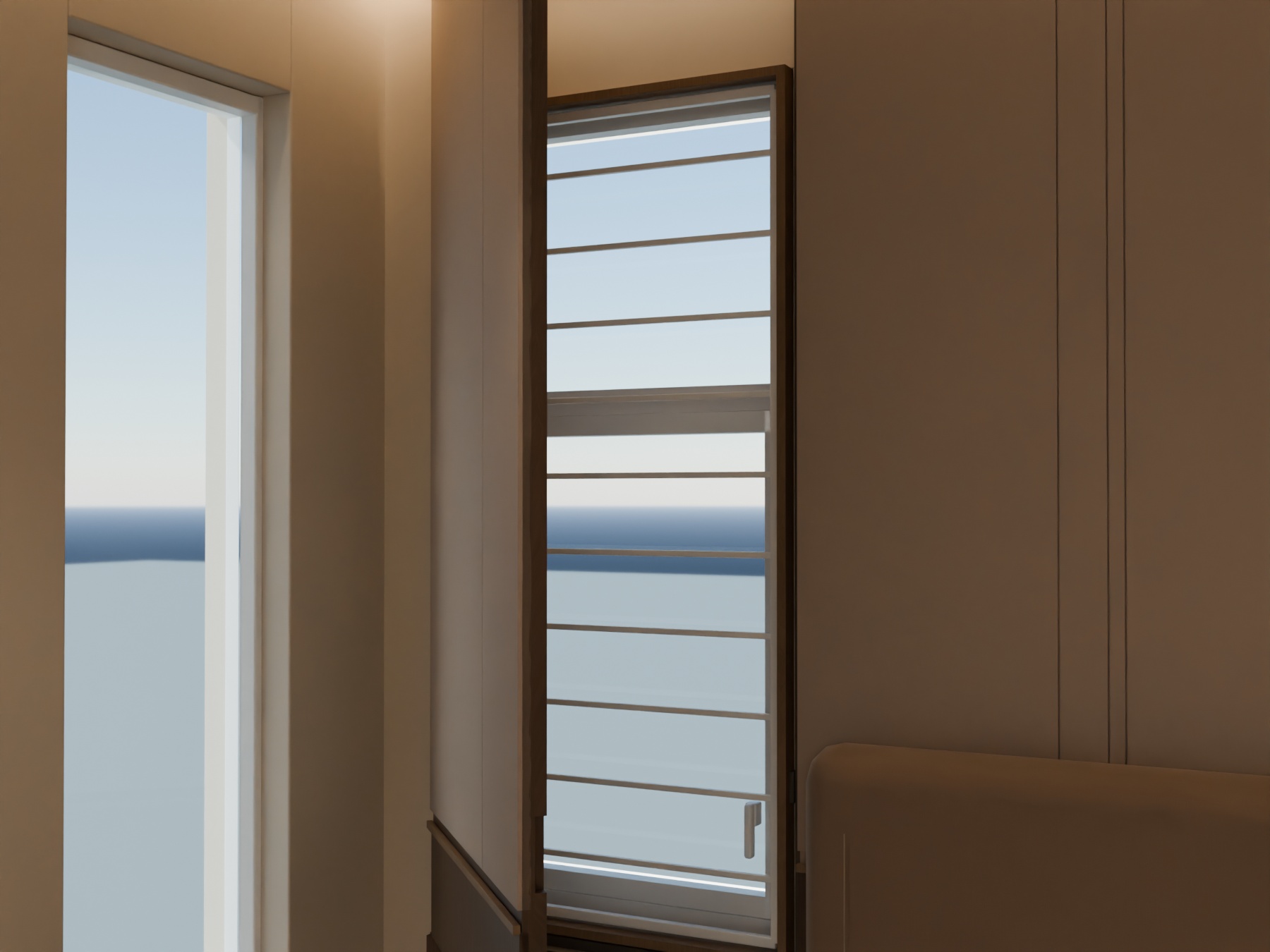 Close view of the tall inward-opening panel partway open, showing continuous timber and taupe finishes and the window behind.