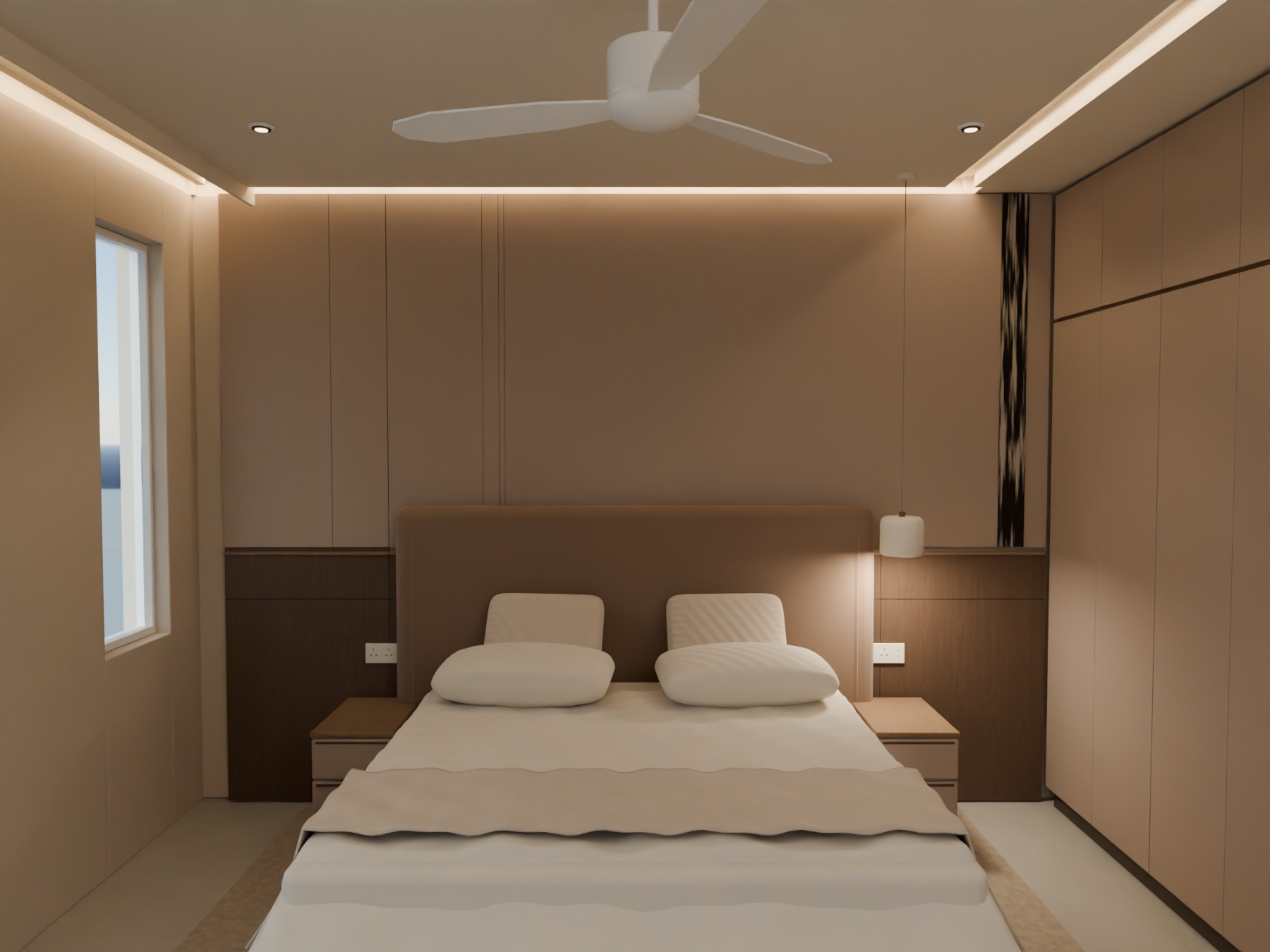 Continuous taupe and timber bed panelling with the whole south window concealed.