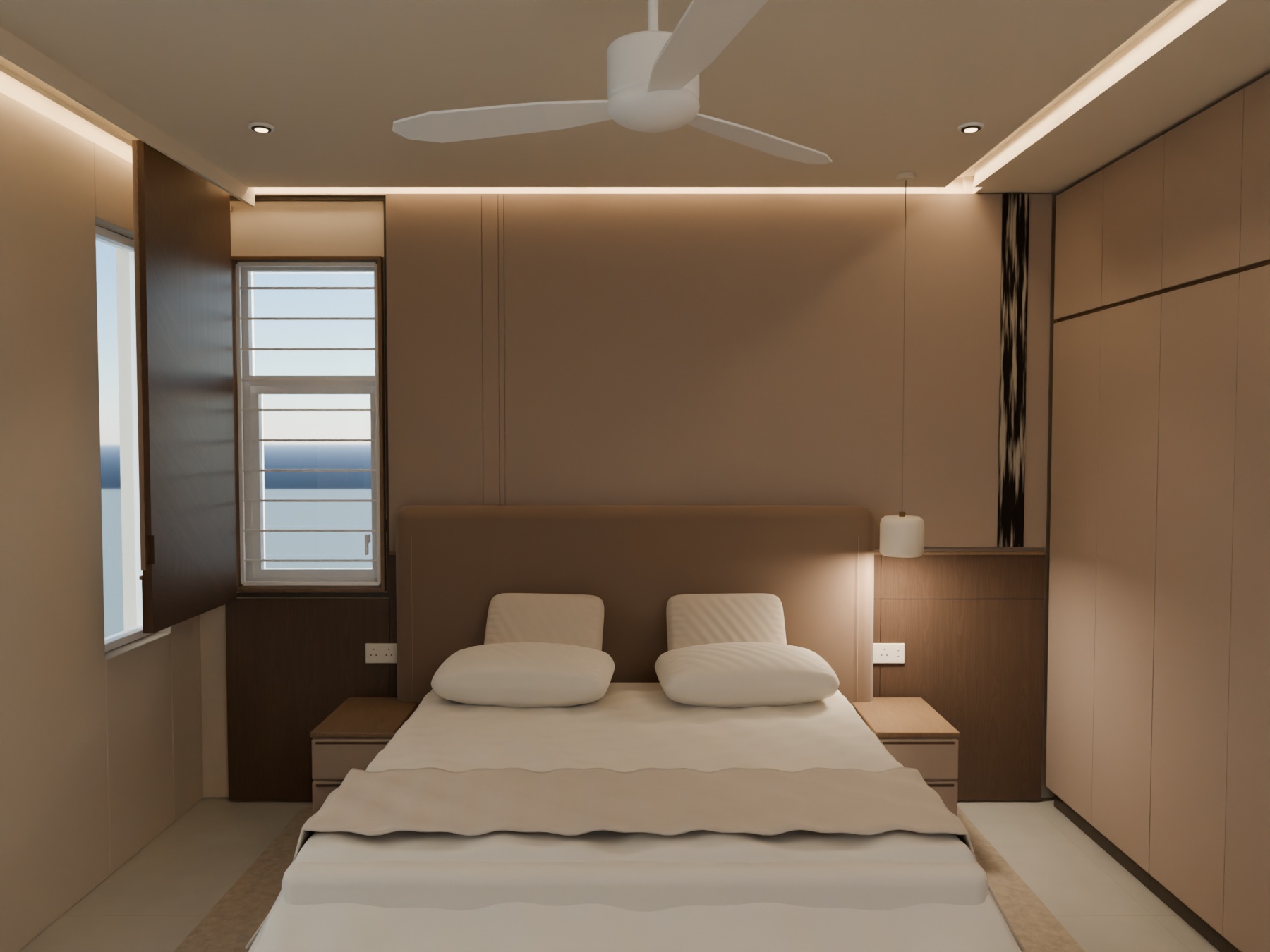 Single full-height matching panel opened to reveal the complete south window beside the bed, including fixed upper glass and horizontal grille.