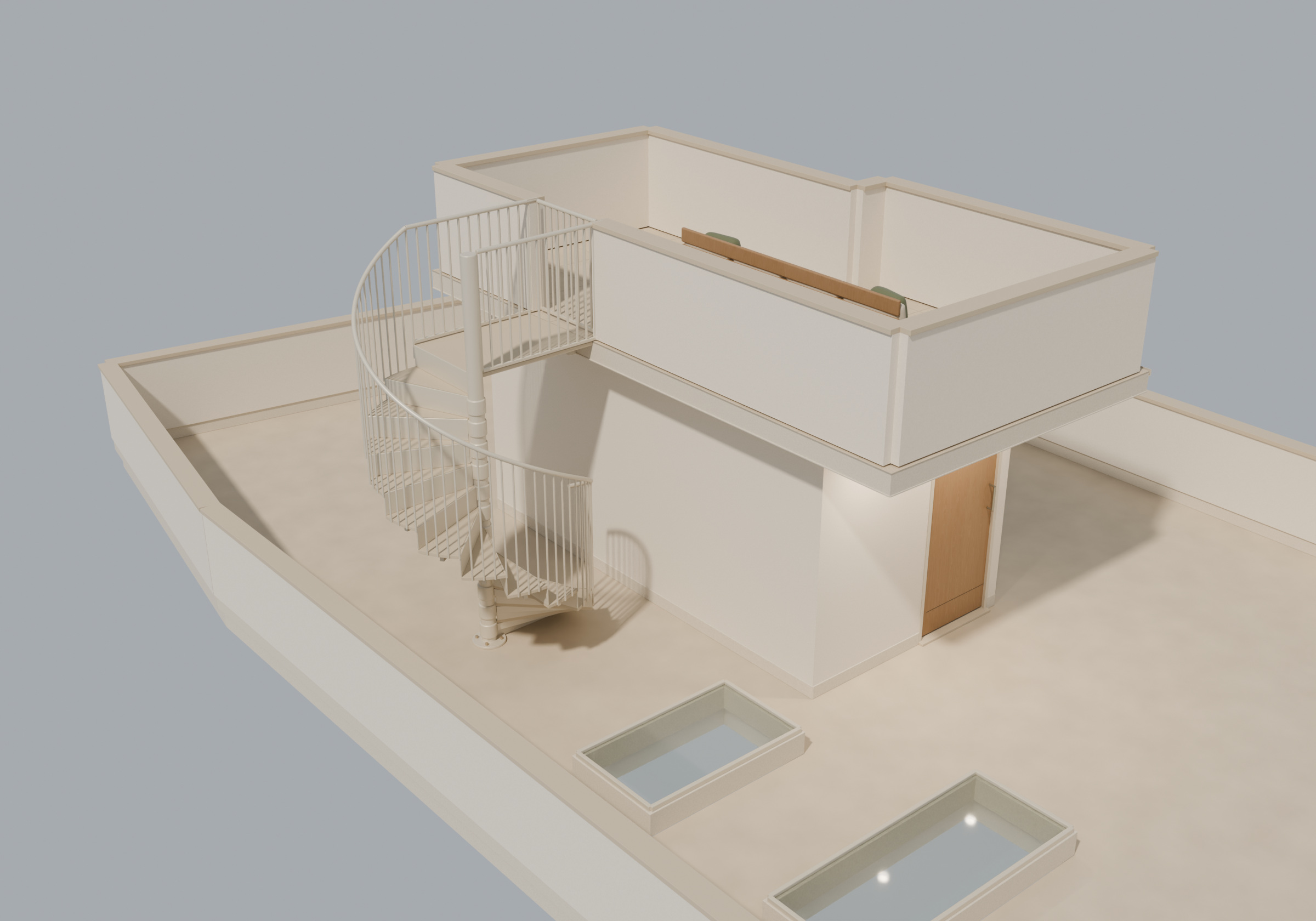 Redesigned cream mumti with solid plastered parapets, compact west spiral stair and east-facing roof seating