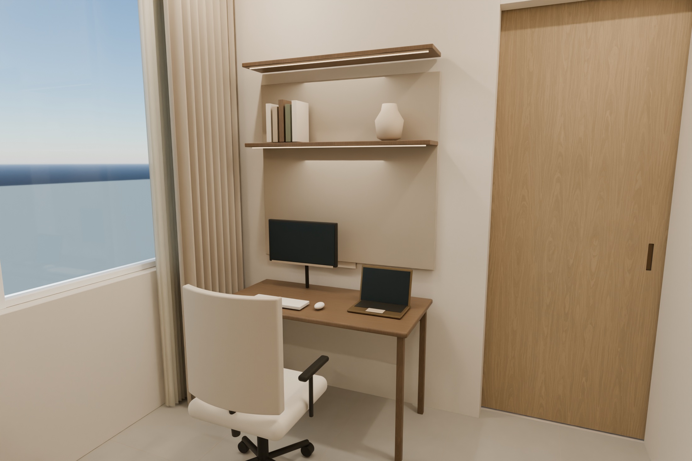 Office with a south-wall desk, ivory upholstery, mushroom cupboards and rich brown wood
