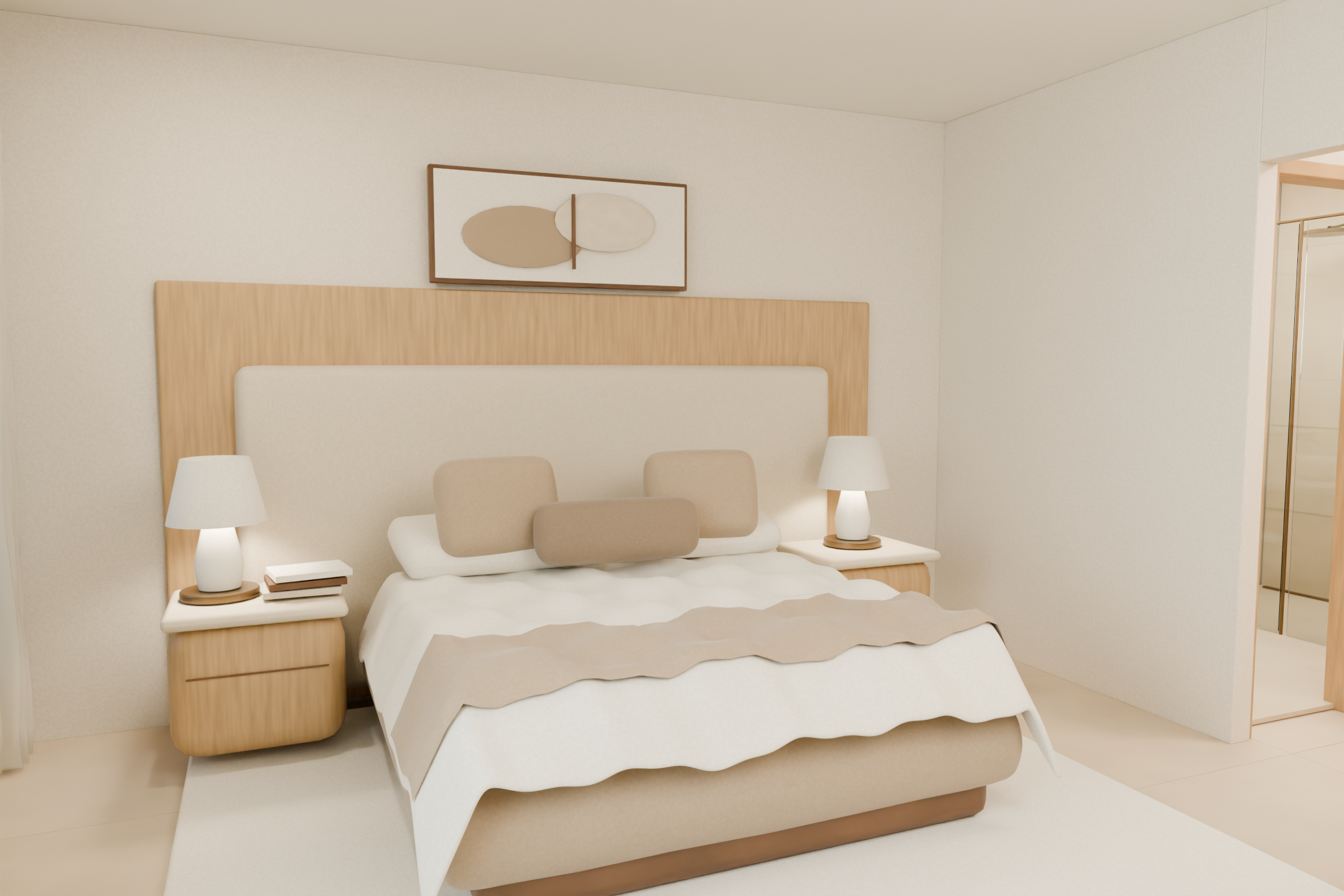 Master bedroom with a rounded king bed, cream upholstery, oak headboard panel and paired bedside lamps