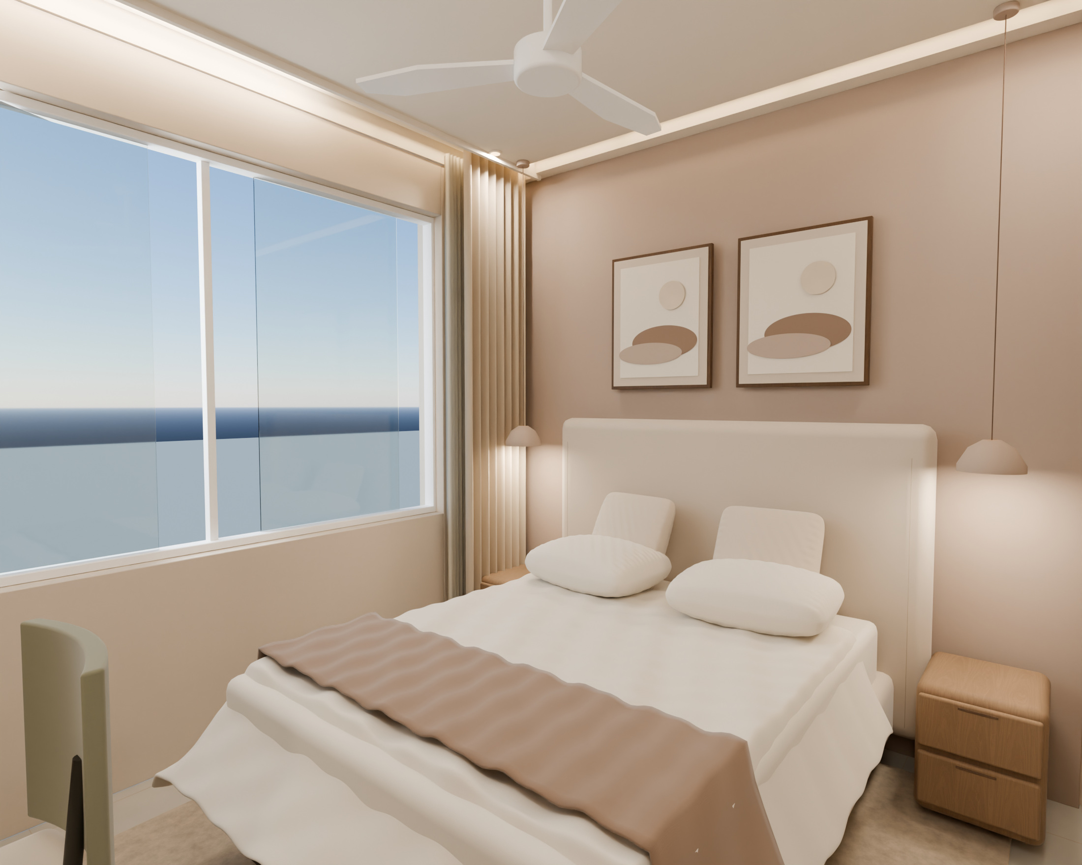 Beige guest bedroom with two bedside pendants, warm wood drawers and white ceiling fan