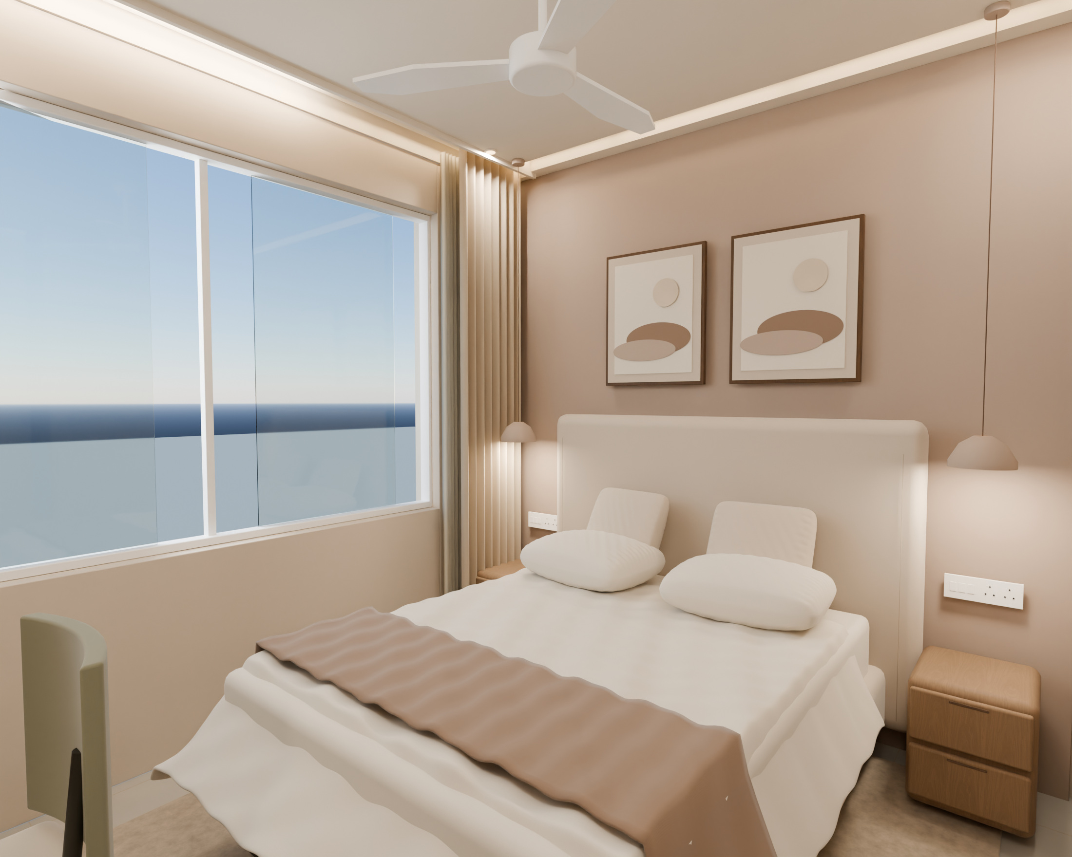 Beige guest bedroom with two bedside pendants, warm wood drawers and white ceiling fan