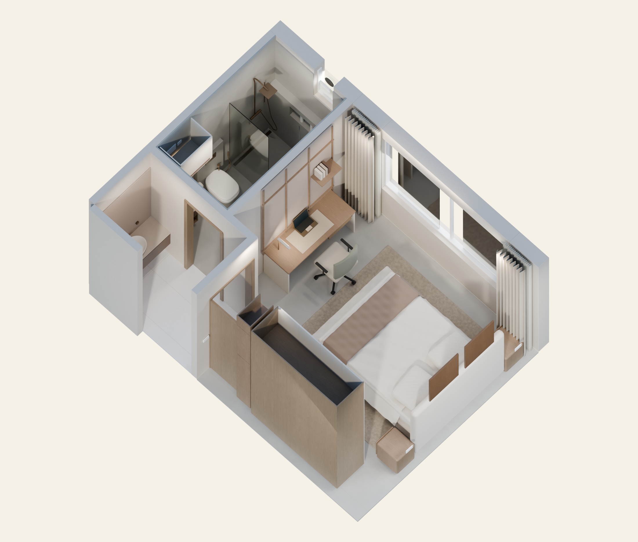 Second bedroom & washroom connected 3D overview
